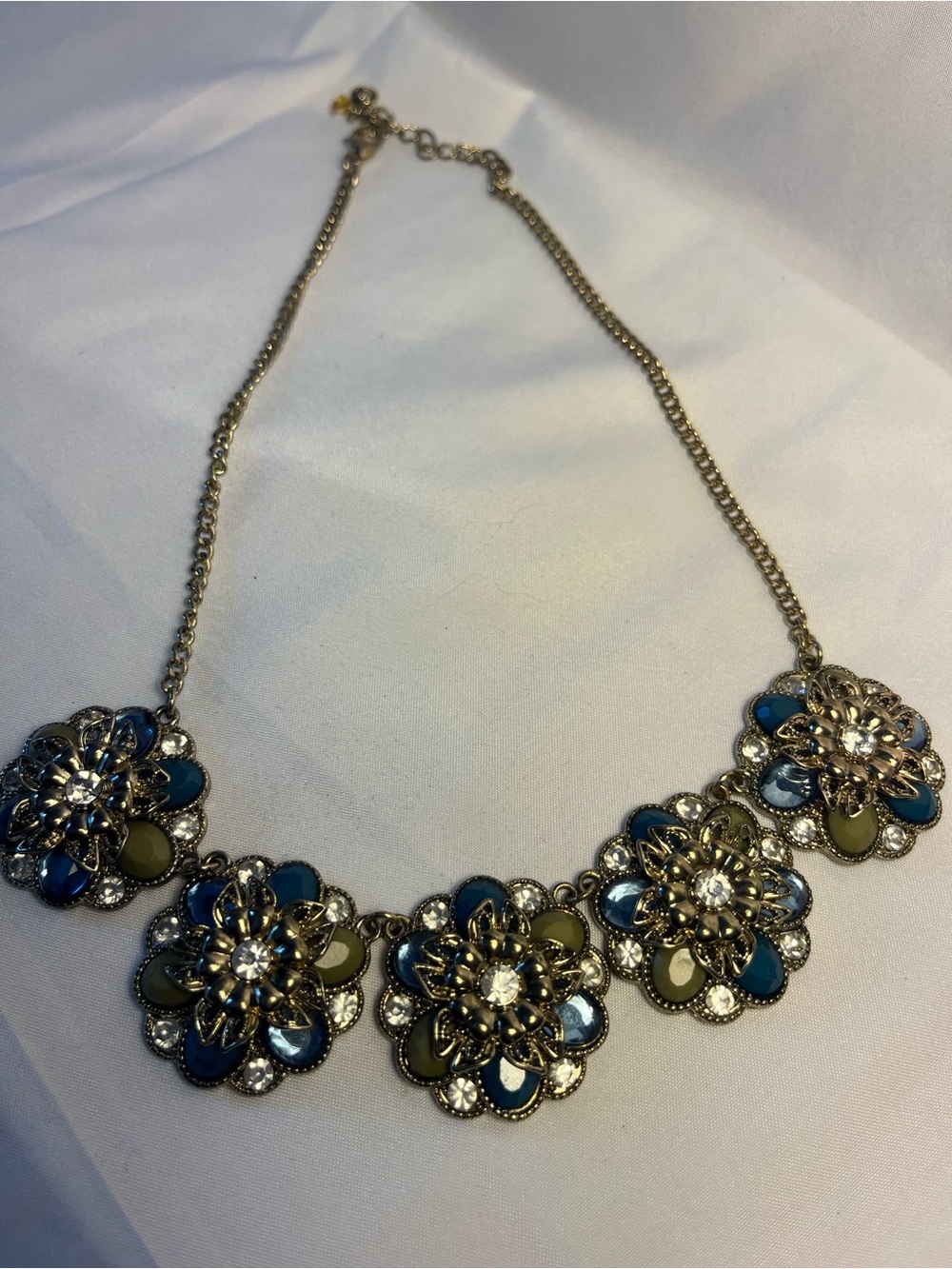 Vintage Antiqued Gold Teal Blue Crystal Floral Bib Statement Necklace Medallion